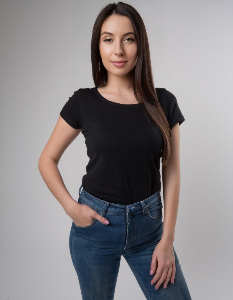 Firefly a young woman modeling for her portfolio; she's wearing a black tee shirt and black jeans. 3 (1)