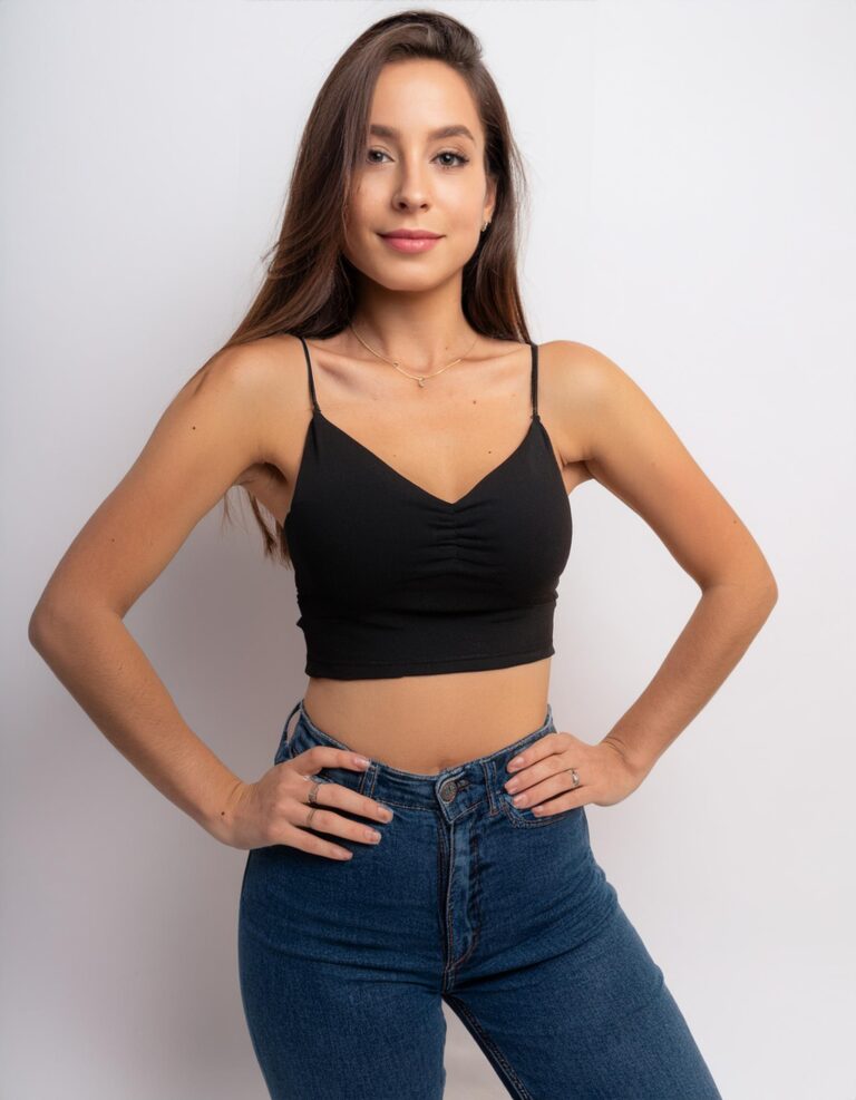Firefly a young woman posing for her modeling portfolio; she's wearing a black top, and black jeans. (2)