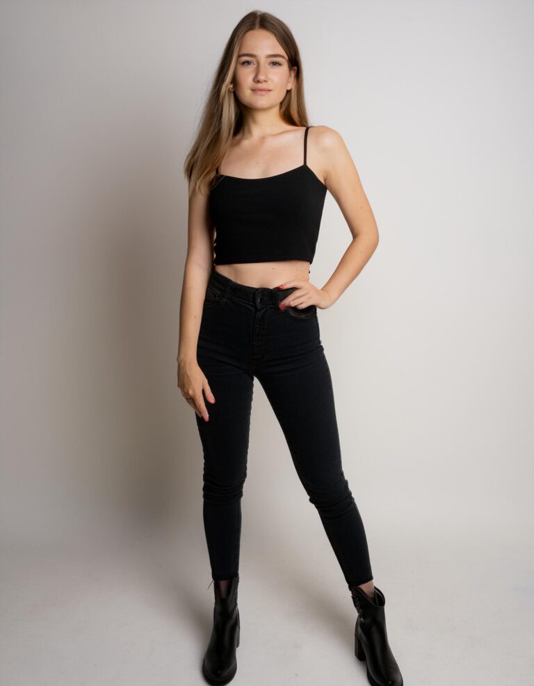 Firefly a young woman posing for her modeling portfolio; she's wearing a black top, and black jeans. (4)