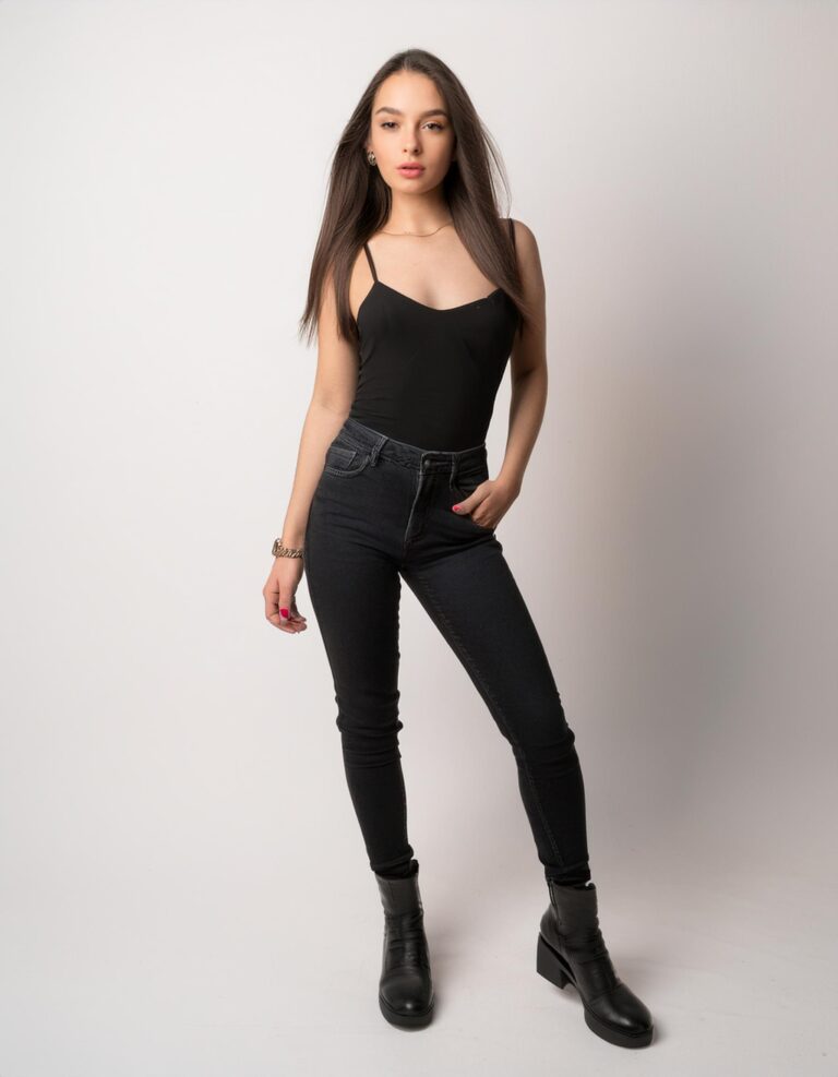 Firefly a young woman posing for her modeling portfolio; she's wearing a black top, and black jeans. (5)