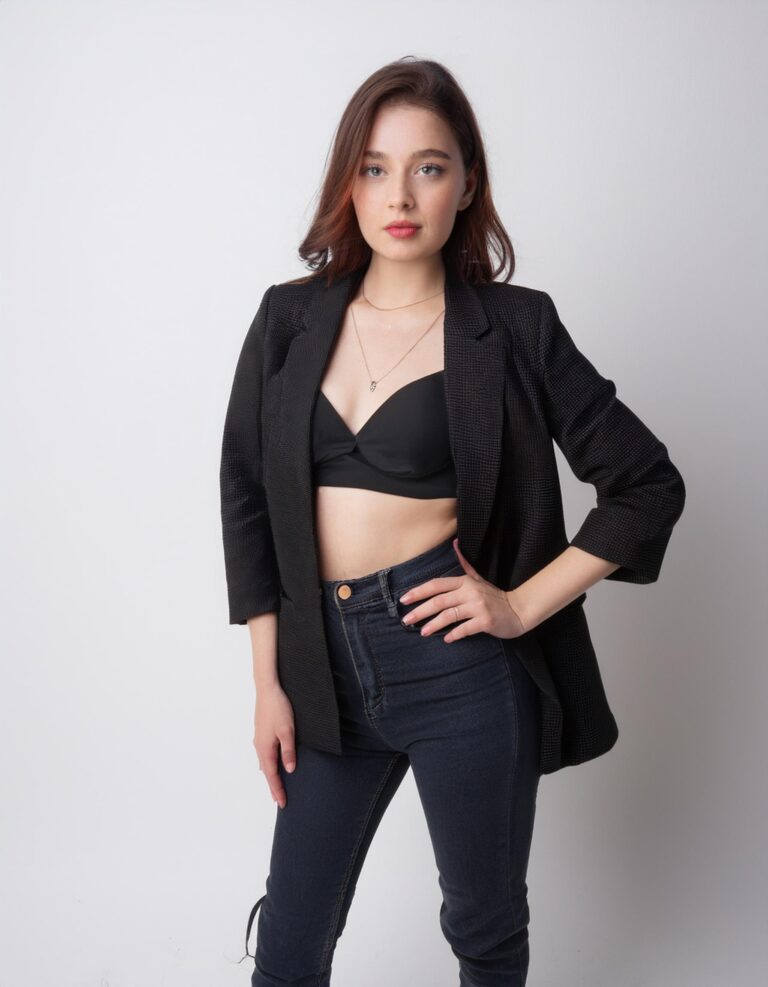Firefly a young woman posing for her modeling portfolio; she's wearing a black top, jacket, and blac